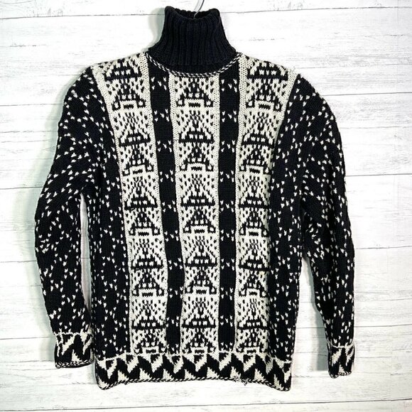 Vintage Amanda Fielding Chunky Turtleneck Tunic Sweater Black White Geometric L - Picture 1 of 6
